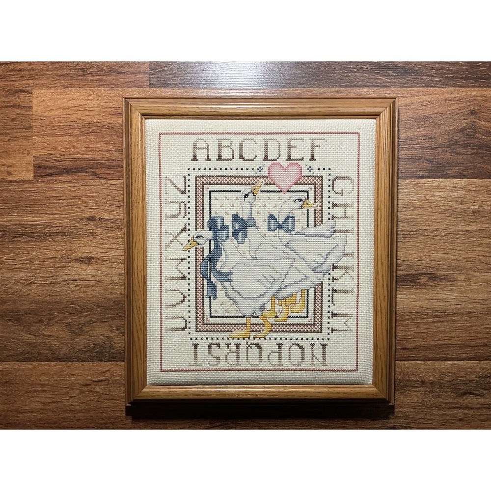 Framed & Padded Country Geese ABCs counted cross stitch sampler 12.5in X 11in